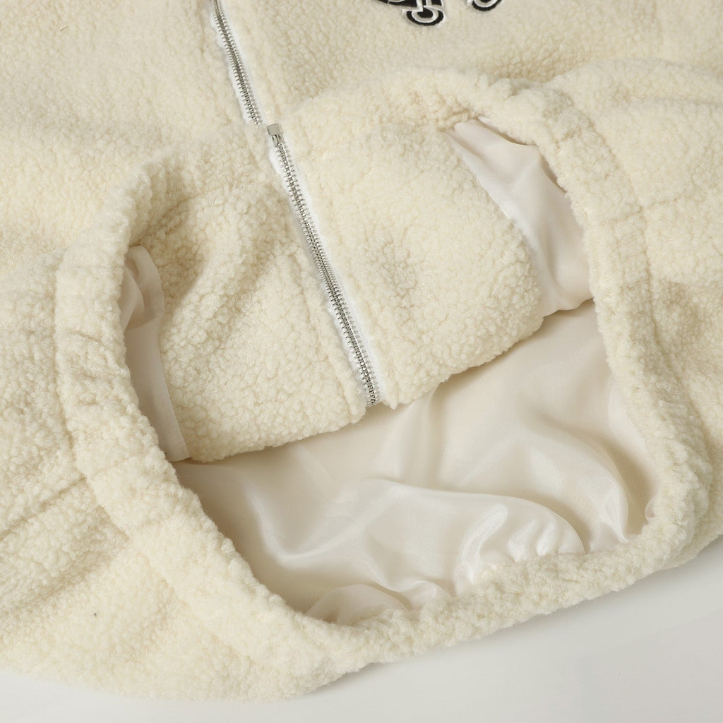 Horseshoe Embroidered Sherpa Jacket - Black Cream Gothic Coat 825