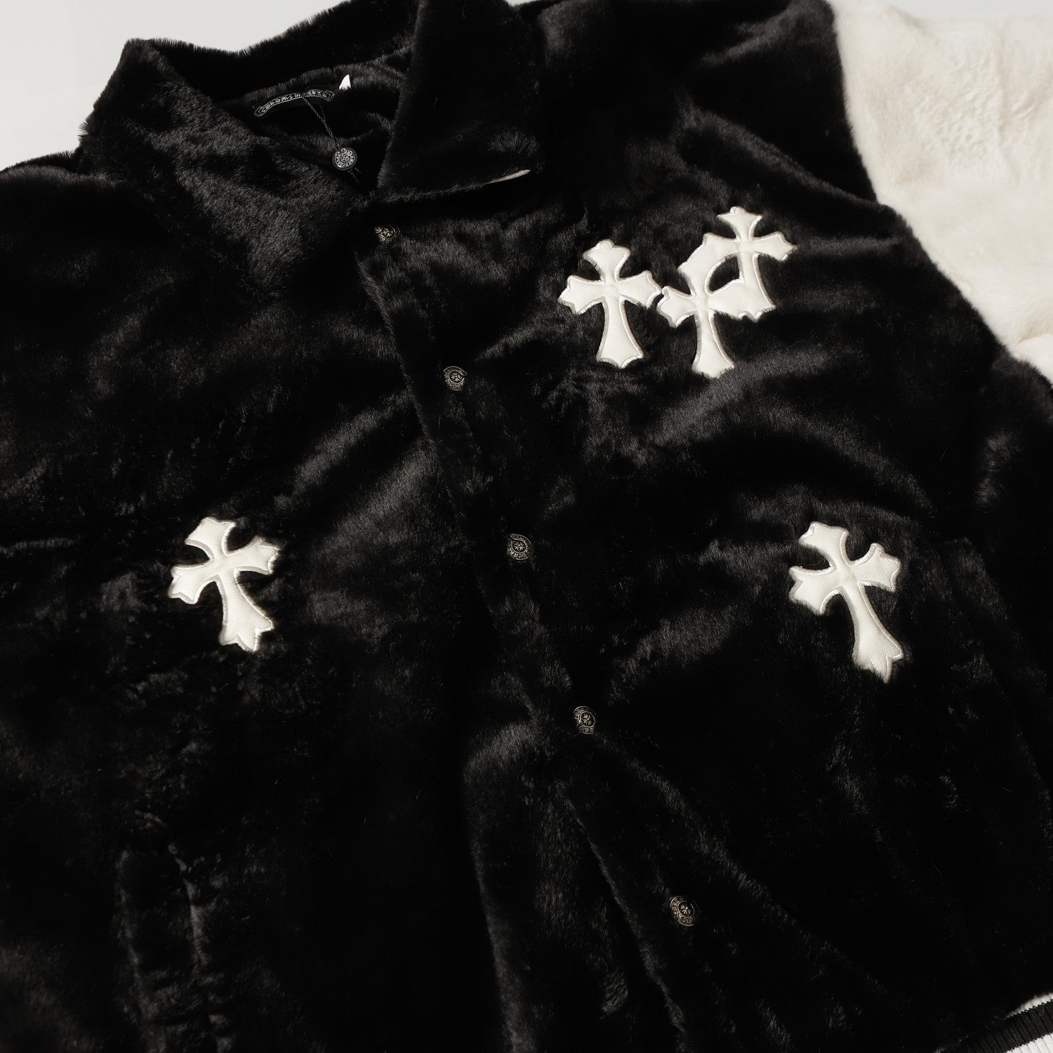 Faux Fur Cross Varsity Jacket - Black White Gothic Streetwear 035