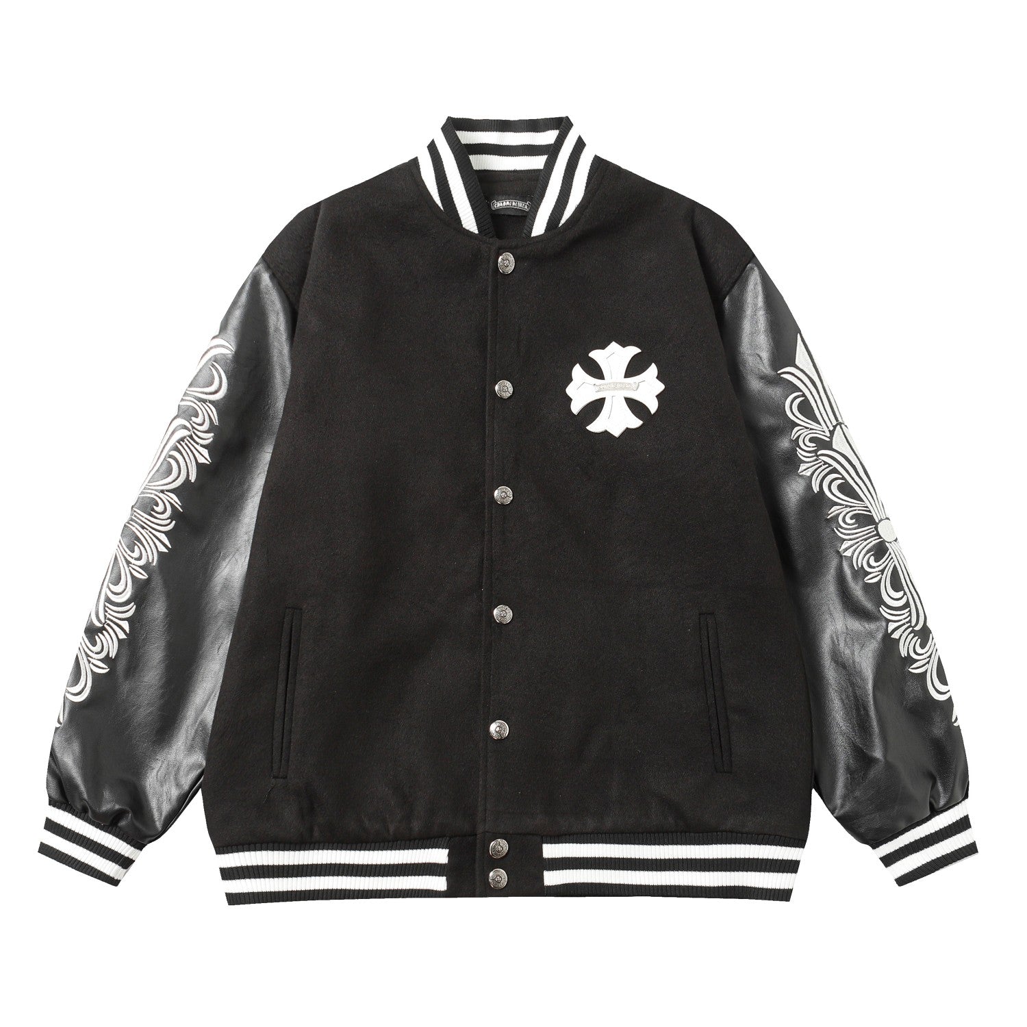Cross Embroidered Leather Sleeve Varsity Jacket - Black Street Style 116