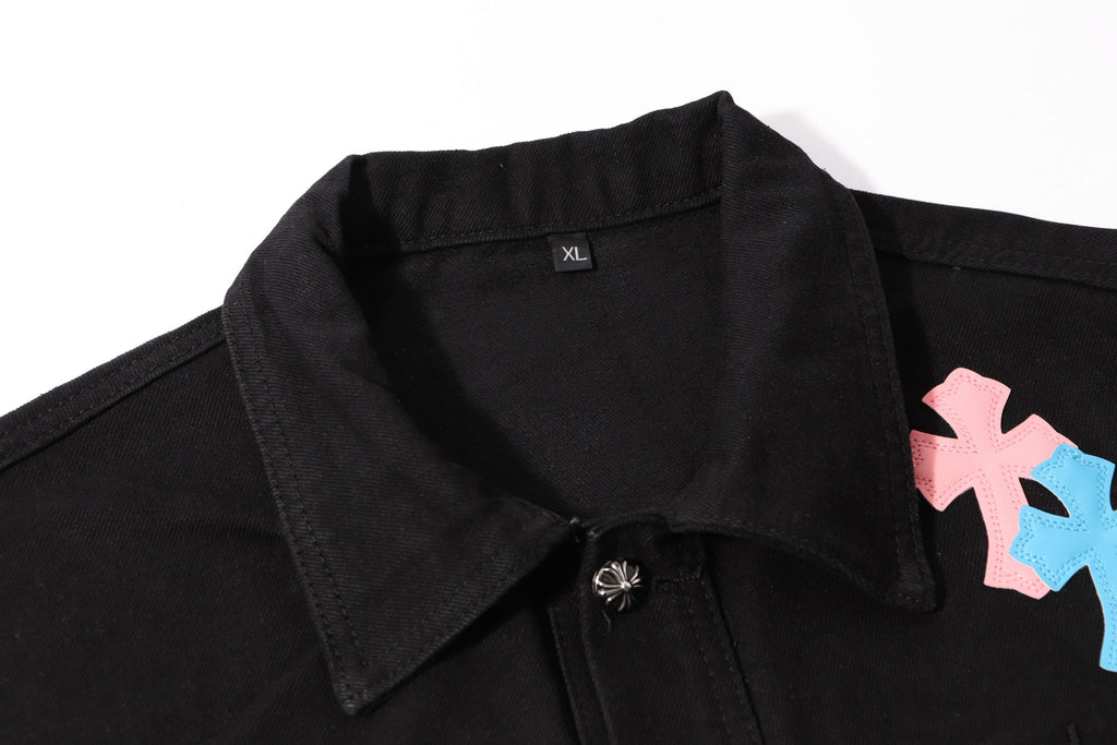 Multi Cross Studded Denim Jacket - Black Gothic Streetwear Coat H49